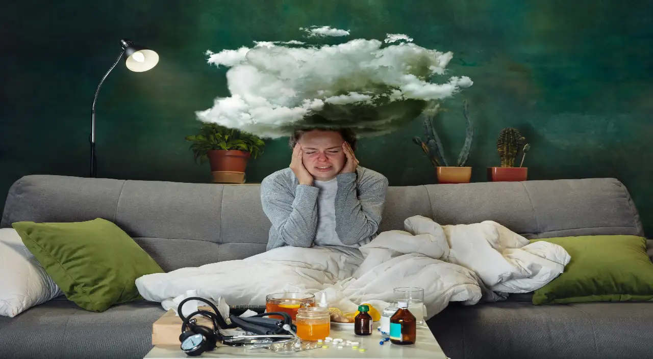 ill young girl with fever cold looks suffering home