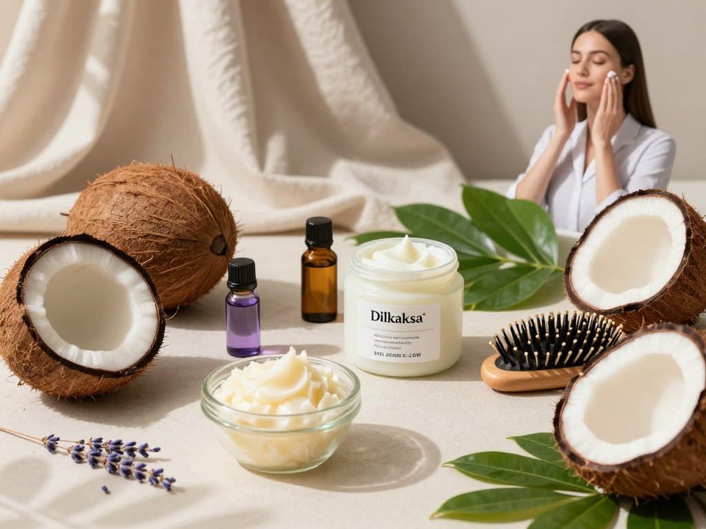 A beautifully arranged flat lay showcasing the uses of coconut butter for skincare and hair care. In the foreground, there’s a small bowl of coconut butter surrounded by fresh coconuts, along with a few essential oils like lavender and tea tree. In the middle, there are jars containing creams, plant leaves, and a hairbrush, all artistically placed to suggest a serene self-care routine. In the background, a softly lit natural setting with neutral-toned fabric draping creates a calm atmosphere. The lighting is warm and inviting, resembling morning sunlight filtering through leaves. If human subjects are present, they should be depicted in traditional Saudi attire, engaged in applying coconut butter to their skin or hair, emphasizing the beauty of natural skincare. The brand name "Dilkaksa.com" is subtly integrated into the scene without being the focal point. A beautifully arranged flat lay showcasing the uses of coconut butter for skincare and hair care. In the foreground, there’s a small bowl of coconut butter surrounded by fresh coconuts, along with a few essential oils like lavender and tea tree. In the middle, there are jars containing creams, plant leaves, and a hairbrush, all artistically placed to suggest a serene self-care routine. In the background, a softly lit natural setting with neutral-toned fabric draping creates a calm atmosphere. The lighting is warm and inviting, resembling morning sunlight filtering through leaves. If human subjects are present, they should be depicted in traditional Saudi attire, engaged in applying coconut butter to their skin or hair, emphasizing the beauty of natural skincare. The brand name "Dilkaksa.com" is subtly integrated into the scene without being the focal point.