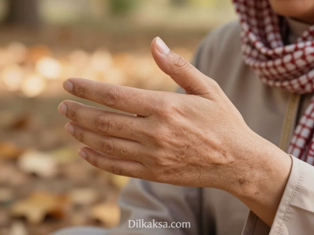 A close up high resolution image depicting dry flaky skin on a persons hand and forearm