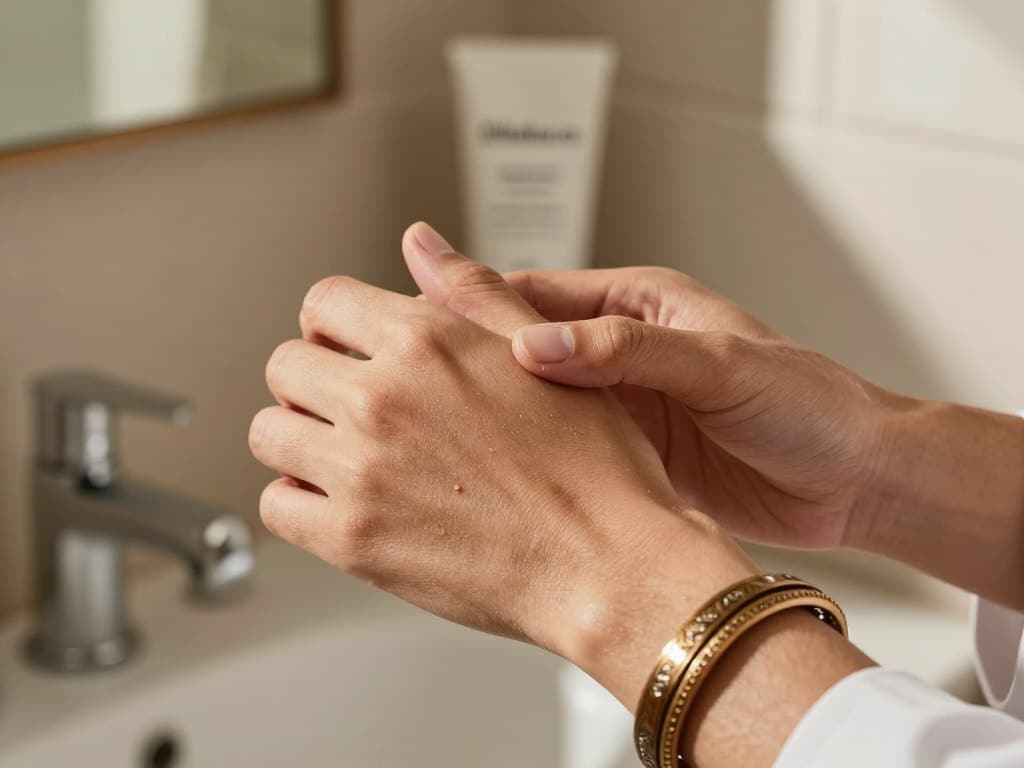 A close up image of a persons hand gently touching dry flaky skin on their forearm