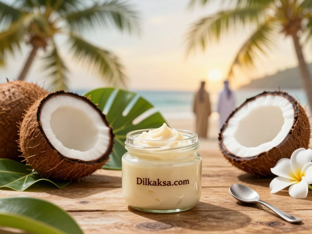 A serene and inviting scene showcasing the essence of coconut butter. In the foreground, a glass jar filled with creamy, luscious coconut butter sits elegantly on a rustic wooden table, with a small spoon resting beside it. To the sides, vibrant coconuts, partially opened, reveal their white flesh glistening in soft natural light. In the middle ground, fresh tropical leaves and delicate white flowers accentuate the coconut theme, adding a lush, vibrant touch. In the background, a blurred tropical landscape hints at a warm sunny day, with palm trees swaying gently in the breeze. The atmosphere is calm and soothing, with warm, golden hues radiating throughout the image. The scene subtly includes a hint of traditional Saudi attire worn by people in the background, symbolizing cultural richness. Include the brand name “Dilkaksa.com” integrated into the design of the scene, harmonizing with the overall aesthetic. A serene and inviting scene showcasing the essence of coconut butter. In the foreground, a glass jar filled with creamy, luscious coconut butter sits elegantly on a rustic wooden table, with a small spoon resting beside it. To the sides, vibrant coconuts, partially opened, reveal their white flesh glistening in soft natural light. In the middle ground, fresh tropical leaves and delicate white flowers accentuate the coconut theme, adding a lush, vibrant touch. In the background, a blurred tropical landscape hints at a warm sunny day, with palm trees swaying gently in the breeze. The atmosphere is calm and soothing, with warm, golden hues radiating throughout the image. The scene subtly includes a hint of traditional Saudi attire worn by people in the background, symbolizing cultural richness. Include the brand name “Dilkaksa.com” integrated into the design of the scene, harmonizing with the overall aesthetic.