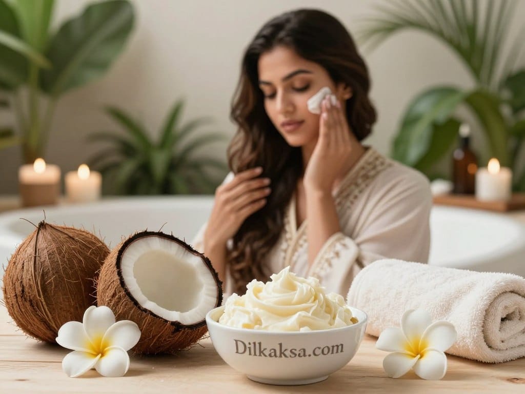 A serene spa setting showcasing the benefits of coconut butter for skin and hair. In the foreground, a bowl of creamy coconut butter surrounded by fresh coconuts, delicate flowers, and plush towels. In the middle ground, a traditional Saudi woman in elegant attire gently applying coconut butter to her radiant skin, her hair shining with health. Soft, natural lighting illuminates the scene, enhancing the textures and colors, capturing the warmth of the environment. The background features lush greenery and soft, blurred out elements of a tranquil spa ambiance, creating a peaceful atmosphere. The image reflects the natural beauty and nourishing qualities of coconut butter. The brand name "Dilkaksa.com" subtly incorporated into the setting, adding a hint of branding without distracting from the overall visual harmony. A serene spa setting showcasing the benefits of coconut butter for skin and hair. In the foreground, a bowl of creamy coconut butter surrounded by fresh coconuts, delicate flowers, and plush towels. In the middle ground, a traditional Saudi woman in elegant attire gently applying coconut butter to her radiant skin, her hair shining with health. Soft, natural lighting illuminates the scene, enhancing the textures and colors, capturing the warmth of the environment. The background features lush greenery and soft, blurred out elements of a tranquil spa ambiance, creating a peaceful atmosphere. The image reflects the natural beauty and nourishing qualities of coconut butter. The brand name "Dilkaksa.com" subtly incorporated into the setting, adding a hint of branding without distracting from the overall visual harmony.